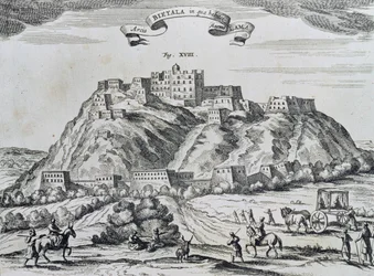 Utsikt över Lhasa, Tibets huvudstad, från "China Monumentis", tryckt i Amsterdam 1667